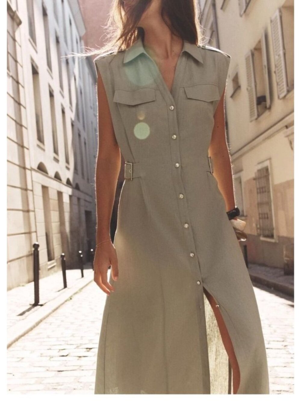 Zara Linen Shirt Dress XS Khaki Olive Euro Summer Safari Button Front Belted - Picture 3 of 16